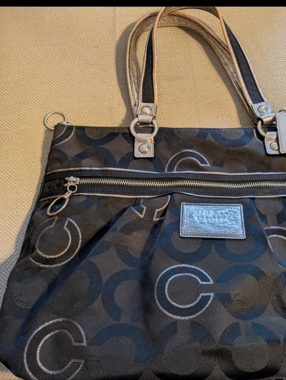 Coach Poppy Black Signature 'C' Jacquard Satchel with Silver Accents - Picture 14 of 14